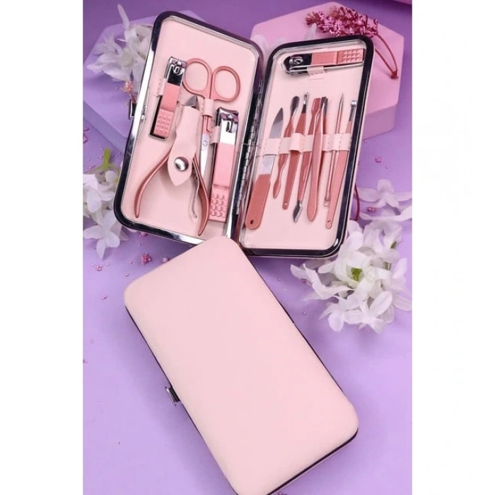 Profesyonel Çantalı Tırnak Bakım Manikür Seti Pembe Renk 12 Parça