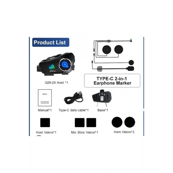 Q28 2x 2 Eşleşmeli Motosiklet Kask Bluetooth Kulaklık 1080p Kamera Su Geçirmez Intercom