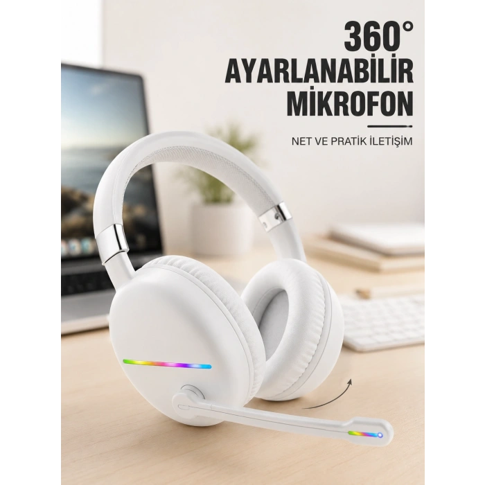 Rgb Işıklı Mikrofonlu Bluetooth Kulaklık Beyaz Over-ear Tasarım Type-c Şarjlı