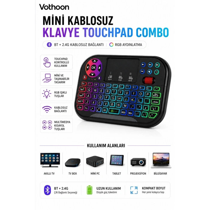 Rgb Işıklı Mini Kablosuz Klavye Touchpad Combo, Bluetooth Ve 2.4g Smart Tv Kumandası