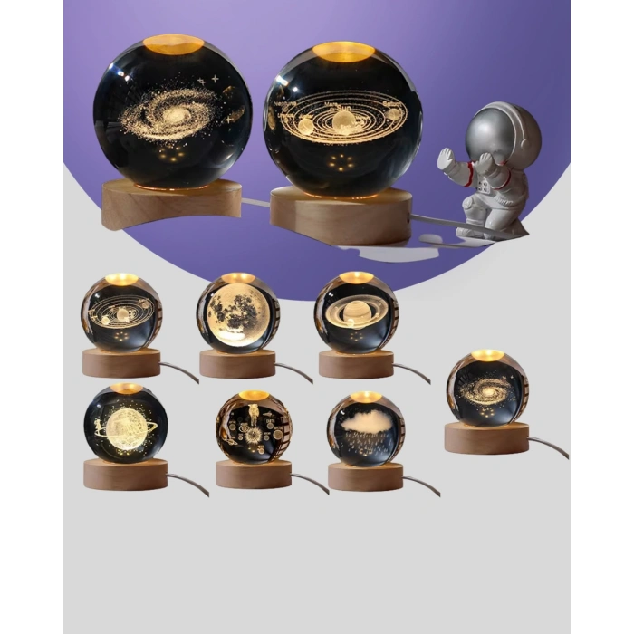 Samanyolu Desenli Kristal Küre Ahşap Standlı Gün Işığı Led Masa Lambası