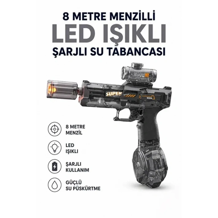 Sarjlı Otomatik Su Tabancası Led Işıklı Geniş Su Hazneli Gerçekçi Geri Tepme Efektli Uzak Menzilli