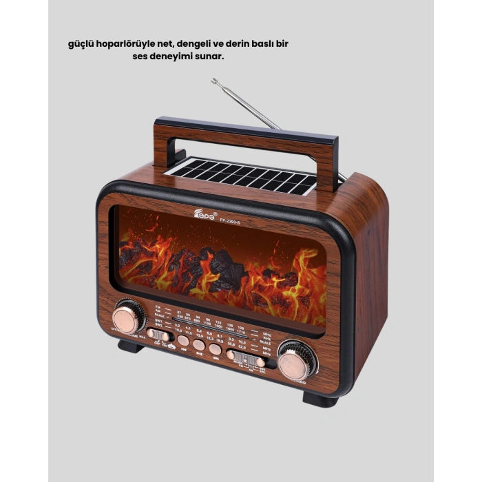Şömine Efektli Solar Hoparlör Bluetooth 5.3 Radyo Aux Usb Tf Destekli