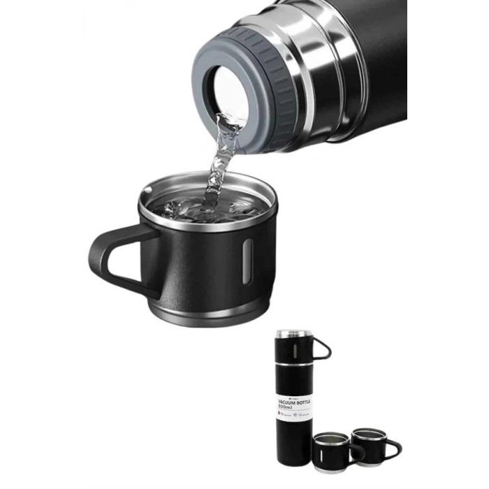 Termos Paslanmaz Çelik Termos Siyah Renk 3 Bardaklı Termos Seti