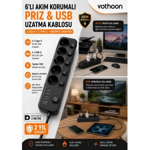 Akım Korumalı 5’li Priz 2xusb 2xtype-c Çıkış Akım Koruma Çoklu Priz Çoğaltıcı Anahtarlı Ftr-31 Siyah