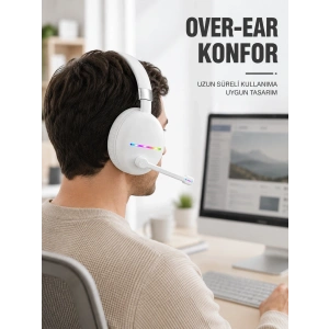 Beyaz Bluetooth 5.0 Mikrofonlu Kablosuz Kulak Üstü Kulaklık Rgb Işıklı Type-c Şarjlı