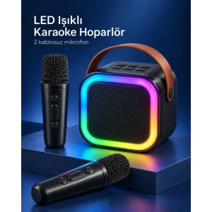 Çift Kablosuz Mikrofonlu Led Işıklı Bluetooth Karaoke Hoparlör Seti