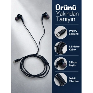 Dahili Mikrofonlu Type C Kablolu Kulaklık Siyah Gövde