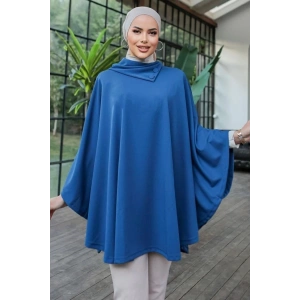 Düğme Detaylı Şık Tasarımlı Mavi Şal Yaka Panço