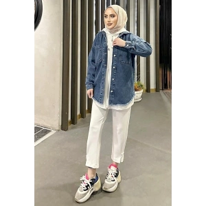 Koyu Mavi Kar Yıkama Püskül Detay Kot Ceket Oversize