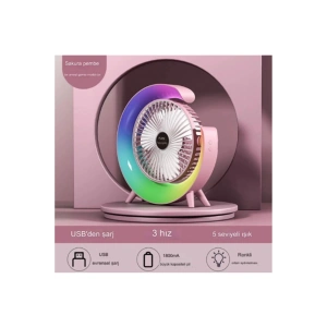 Masaüstü Vantilatör Usb Şarjlı Rgb Led Işıklı 3 Kademeli 180° Ayarlanabilir Soğutucu Fan Pembe
