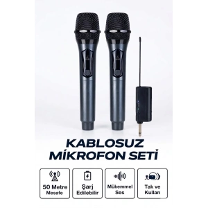 Profesyonel Çiftli Kablosuz Mikrofon Seti Karaoke Şarj Edilebilir 50 Metre