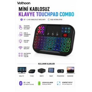 Rgb Işıklı Mini Kablosuz Klavye Touchpad Combo, Bluetooth Ve 2.4g Smart Tv Kumandası