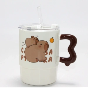 Sevimli Capybara Figürlü Kapaklı Porselen Kupa Bardak Alk5040