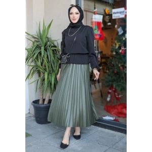 Zarif Ve Modern Pileli Parlak Krep Gizli Lastikli Haki Etek