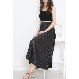 Zarif Ve Modern Pileli Parlak Krep Gizli Lastikli Siyah Etek