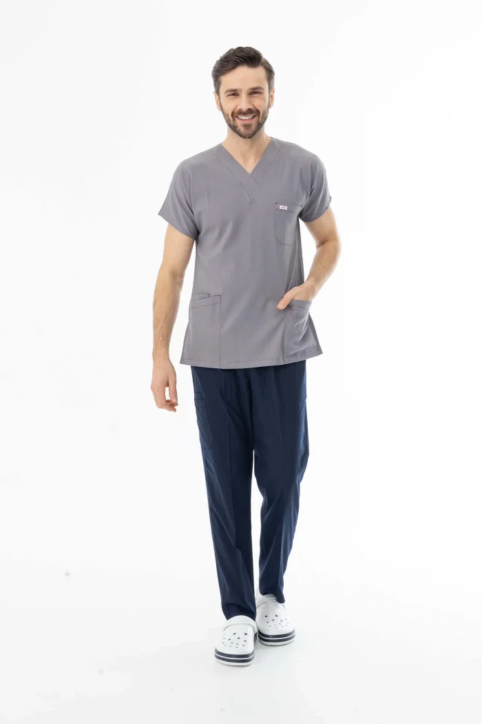 Gofre Likra Yarasa Kol Doktor Hemşire Tek Üst Forma Açık Gri (GFR3008)