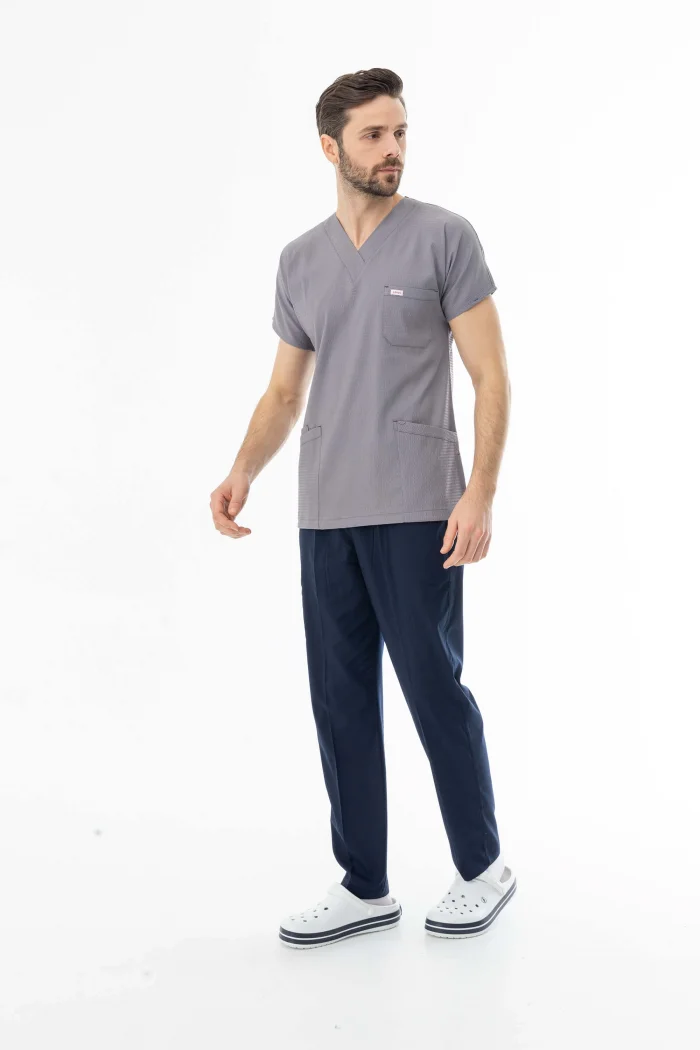 Gofre Likra Yarasa Kol Doktor Hemşire Tek Üst Forma Açık Gri (GFR3008)