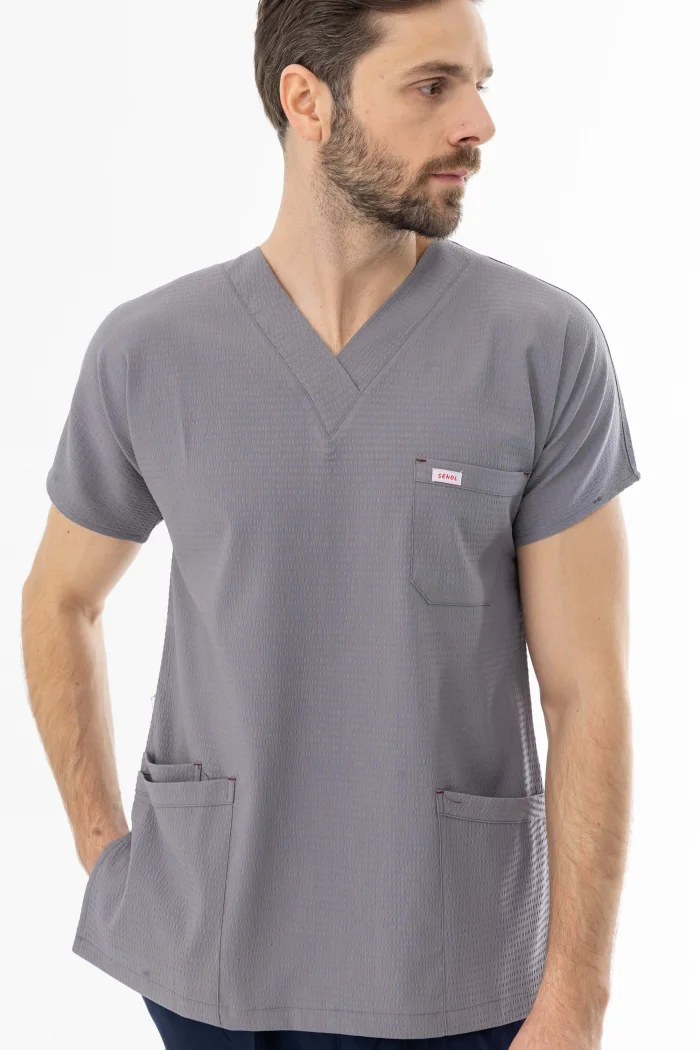 Gofre Likra Yarasa Kol Doktor Hemşire Tek Üst Forma Açık Gri (GFR3008)