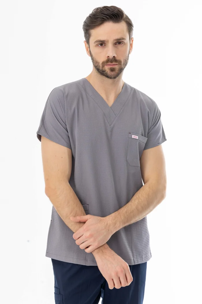 Gofre Likra Yarasa Kol Doktor Hemşire Tek Üst Forma Açık Gri (GFR3008)