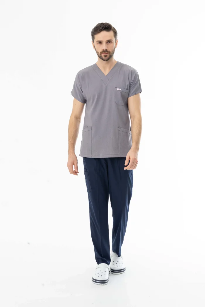 Gofre Likra Yarasa Kol Doktor Hemşire Tek Üst Forma Açık Gri (GFR3008)