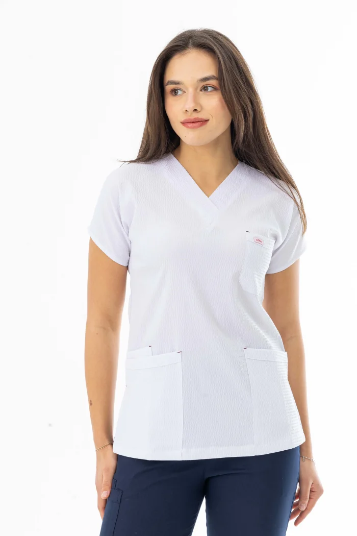 Gofre Likra Yarasa Kol Doktor Hemşire Tek Üst Forma  Beyaz (GFR3003)