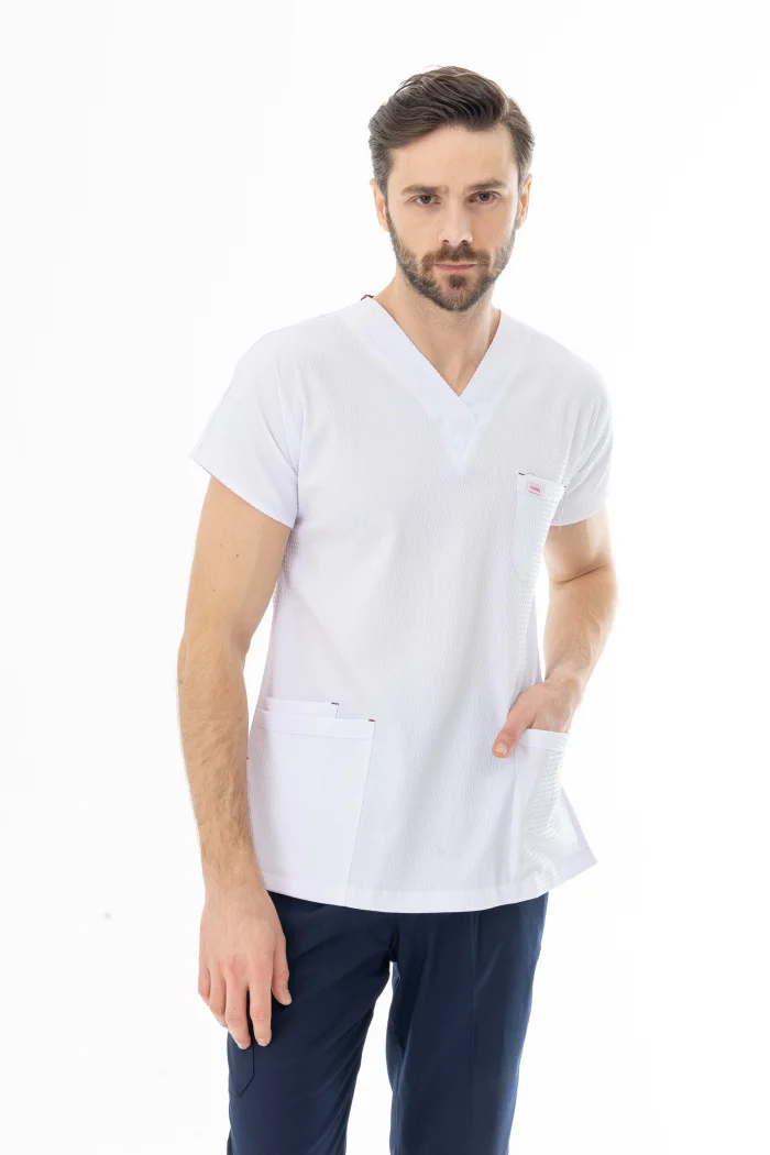 Gofre Likra Yarasa Kol Doktor Hemşire Tek Üst Forma  Beyaz (GFR3003)