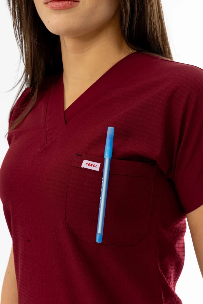 Gofre Likra Yarasa Kol Doktor Hemşire Tek Üst Forma Bordo (GFR3010)