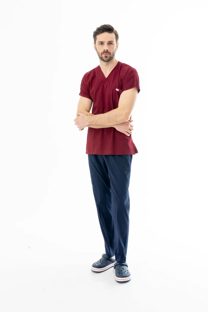 Gofre Likra Yarasa Kol Doktor Hemşire Tek Üst Forma Bordo (GFR3010)