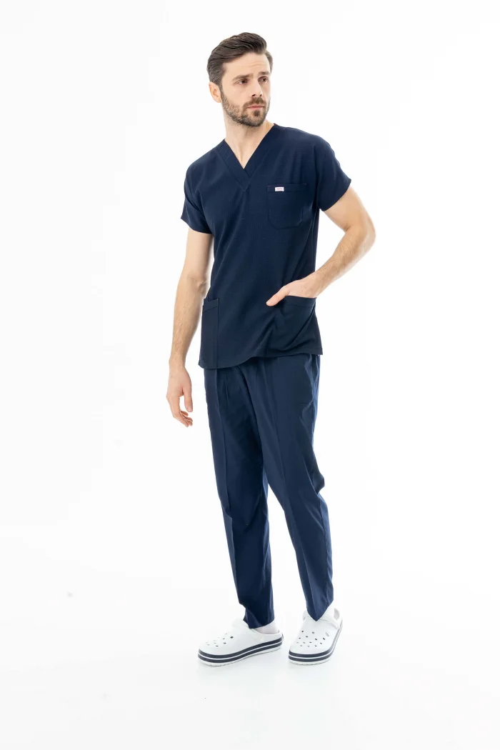 Gofre Likra Yarasa Kol Doktor Hemşire Tek Üst Forma Lacivert (GFR3002)