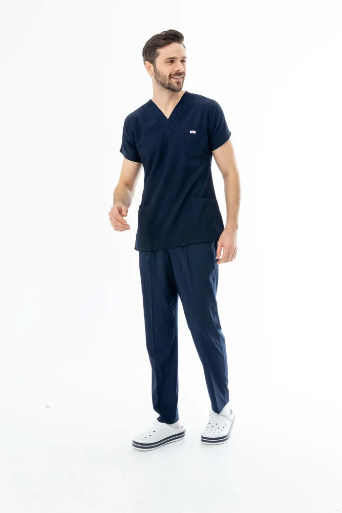 Gofre Likra Yarasa Kol Doktor Hemşire Tek Üst Forma Lacivert (GFR3002)