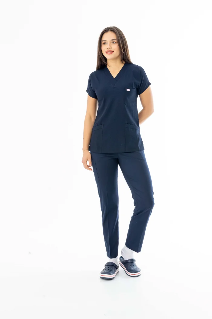 Gofre Likra Yarasa Kol Doktor Hemşire Tek Üst Forma Lacivert (GFR3002)