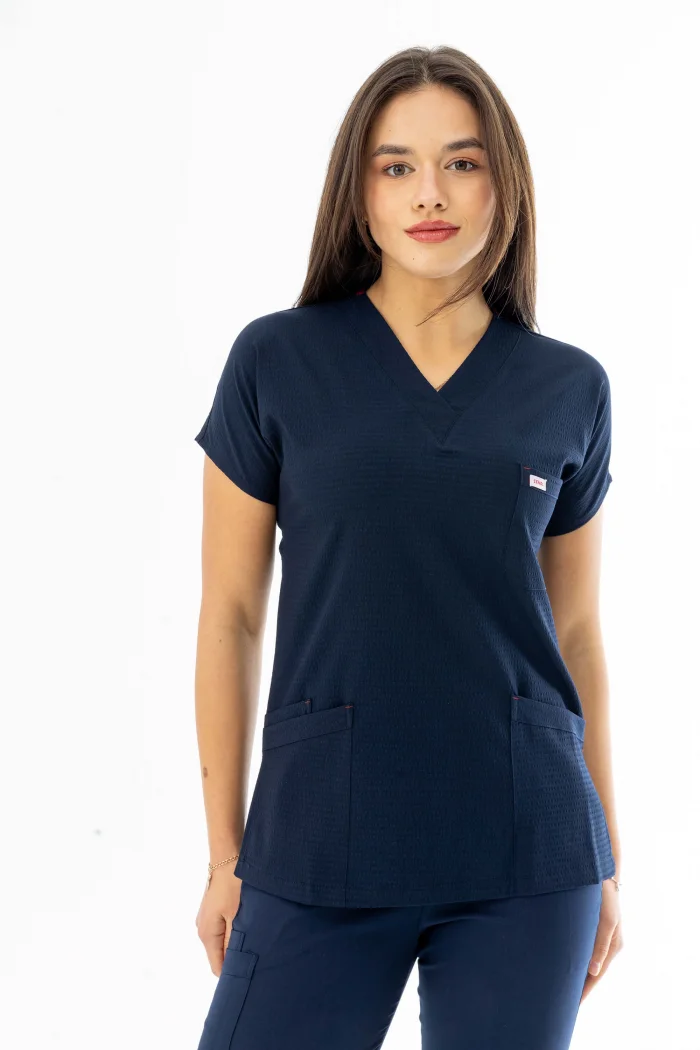 Gofre Likra Yarasa Kol Doktor Hemşire Tek Üst Forma Lacivert (GFR3002)