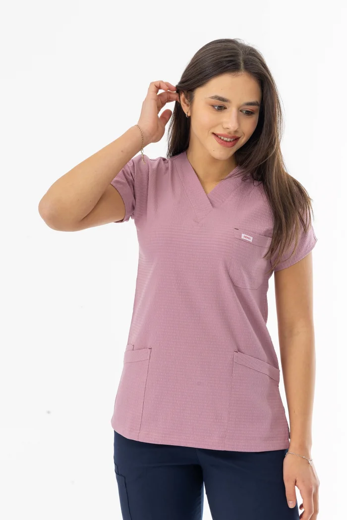 Gofre Likra Yarasa Kol Doktor Hemşire Tek Üst Forma Pembe (GFR3004)