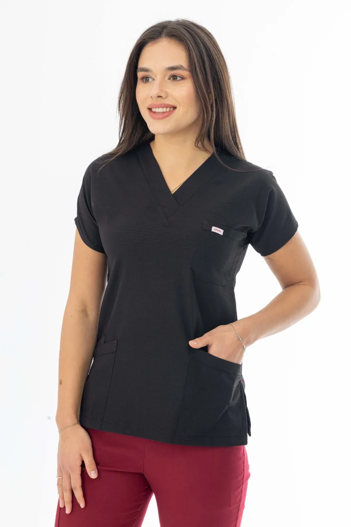 Gofre Likra Yarasa Kol Doktor Hemşire Tek Üst Forma Siyah (GFR3001)