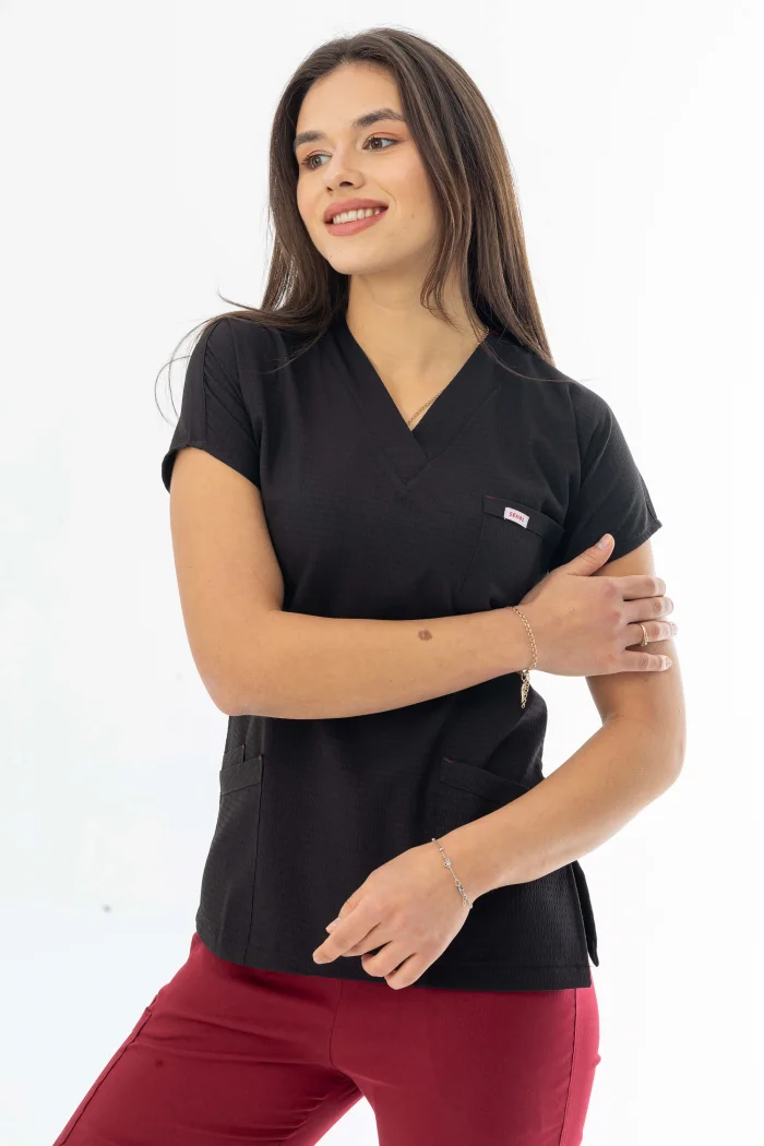 Gofre Likra Yarasa Kol Doktor Hemşire Tek Üst Forma Siyah (GFR3001)