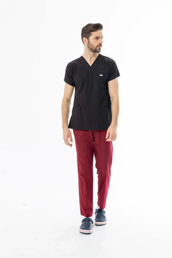 Gofre Likra Yarasa Kol Doktor Hemşire Tek Üst Forma Siyah (GFR3001)