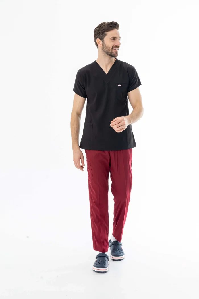 Gofre Likra Yarasa Kol Doktor Hemşire Tek Üst Forma Siyah (GFR3001)