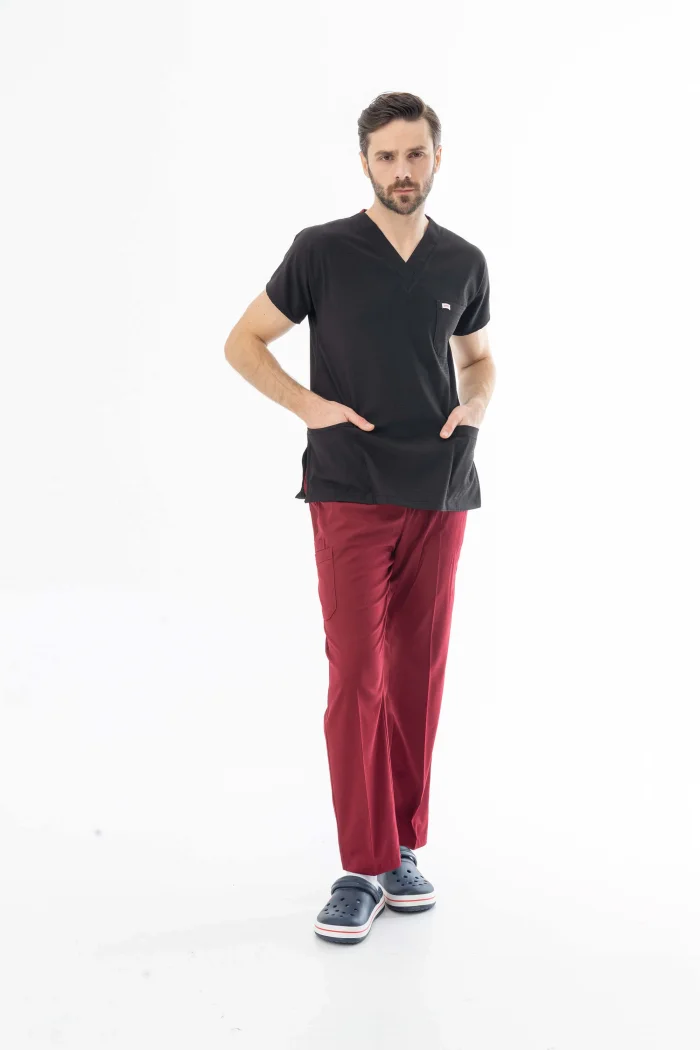 Gofre Likra Yarasa Kol Doktor Hemşire Tek Üst Forma Siyah (GFR3001)