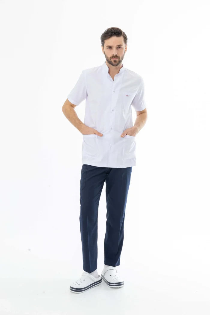 Hakim Yaka Kısa Kol Erkek Doktor Önlüğü Alpaka Kumaş Beyaz (BEO105)