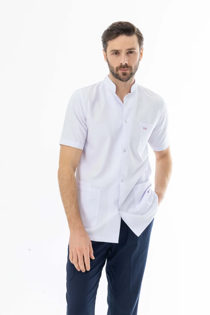 Hakim Yaka Kısa Kol Erkek Doktor Önlüğü Alpaka Kumaş Beyaz (BEO105)