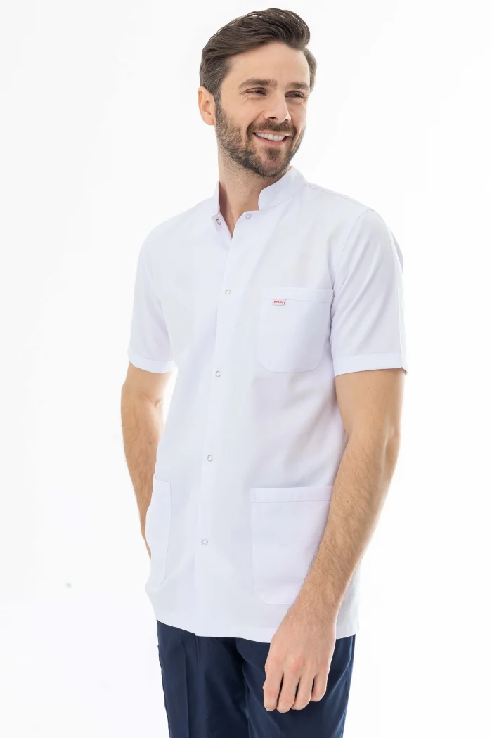 Hakim Yaka Kısa Kol Erkek Doktor Önlüğü Alpaka Kumaş Beyaz (BEO105)