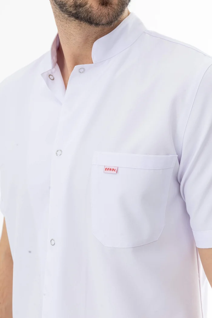 Hakim Yaka Kısa Kol Erkek Doktor Önlüğü Alpaka Kumaş Beyaz (BEO105)