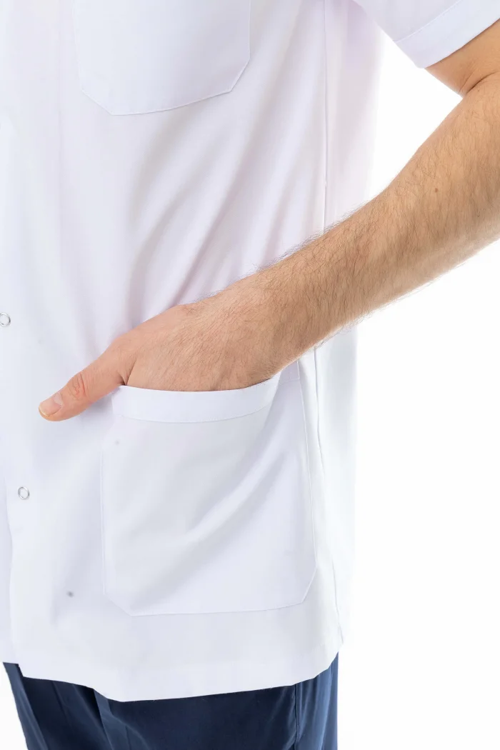 Hakim Yaka Kısa Kol Erkek Doktor Önlüğü Alpaka Kumaş Beyaz (BEO105)