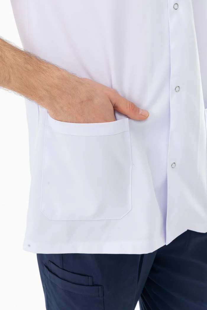 Hakim Yaka Kısa Kol Erkek Doktor Önlüğü Alpaka Kumaş Beyaz (BEO105)