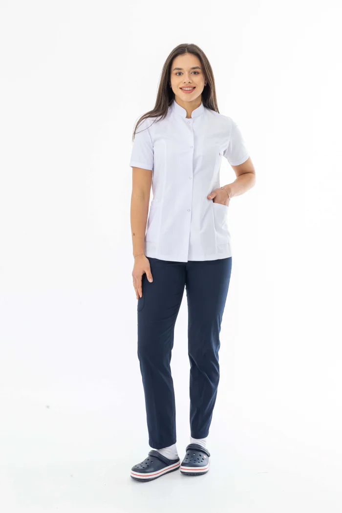 Hakim Yaka Kısa Kol Kadın Doktor Önlüğü Alpaka Kumaş Beyaz (BKO010)