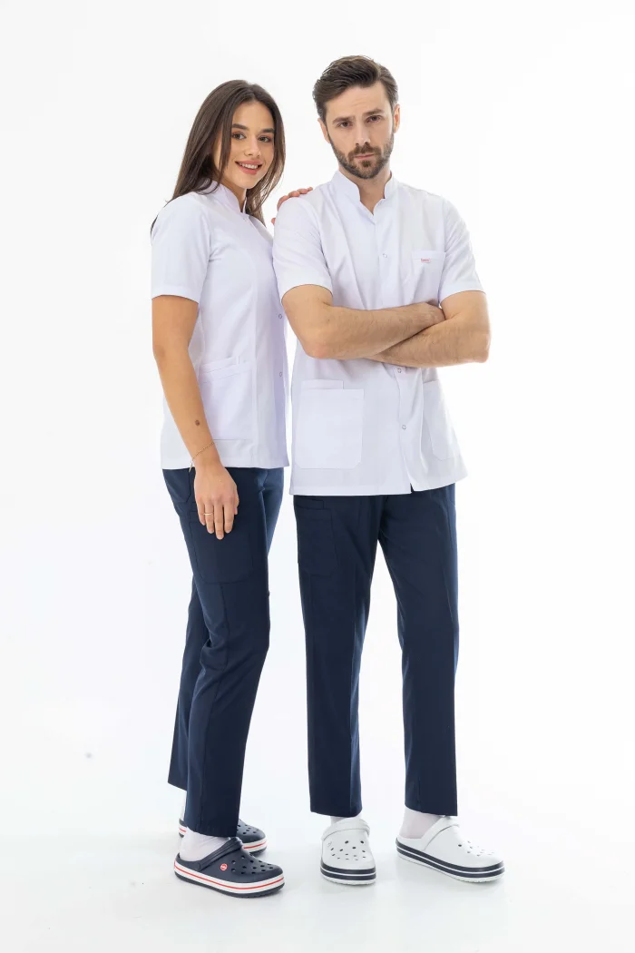 Hakim Yaka Kısa Kol Kadın Doktor Önlüğü Alpaka Kumaş Beyaz (BKO010)