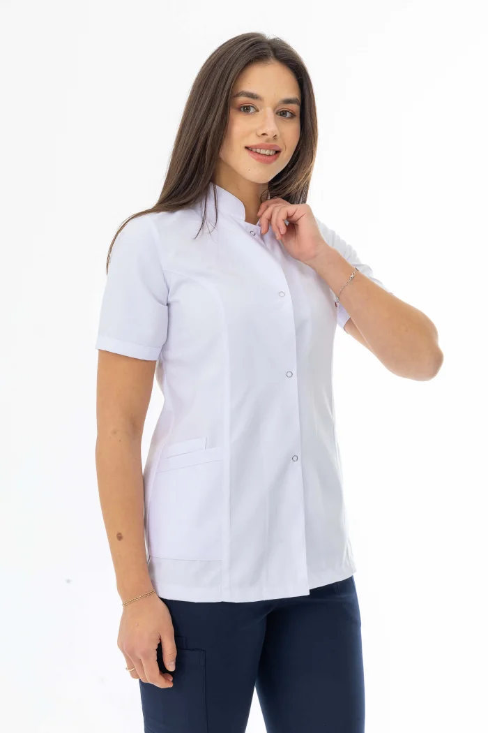 Hakim Yaka Kısa Kol Kadın Doktor Önlüğü Alpaka Kumaş Beyaz (BKO010)