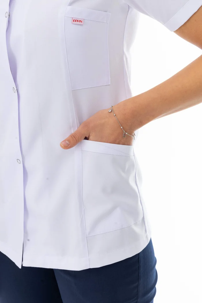 Hakim Yaka Kısa Kol Kadın Doktor Önlüğü Alpaka Kumaş Beyaz (BKO010)