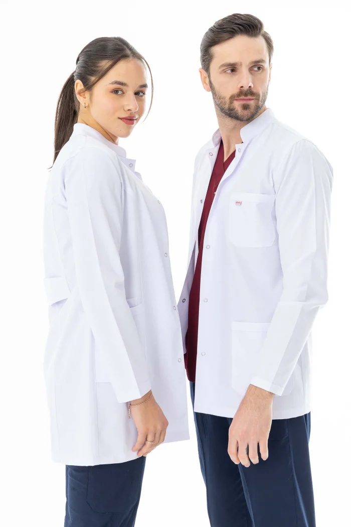 Hakim Yaka Orta Boy Kadın Doktor Önlüğü Alpaka Kumaş Beyaz (BKO002)
